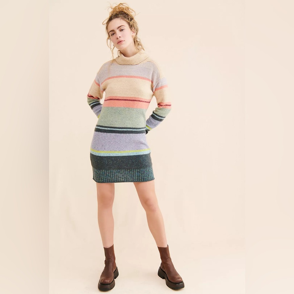 Striped Turtleneck Sweater Dress in Pastel Multi